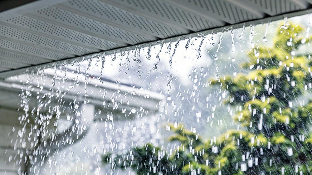Rain running off impact-resistant roof.