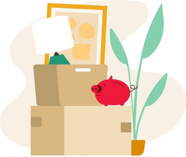 Cartoon depiction of a red piggy bank happily keeping an eye on a moving box marked as important stuff.